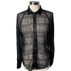 Jason Wu Black Sheer Lace Button Down Blouse Satin Trim Womens Medium Whimsygoth